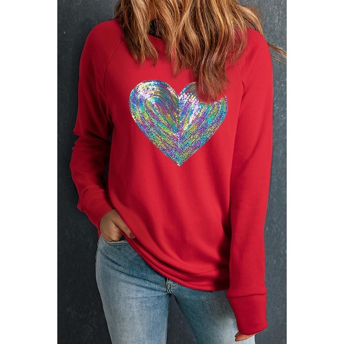 Red Bold Sequin Heart Crewneck Valentines Pullover Sweatshirt - M - Main Image