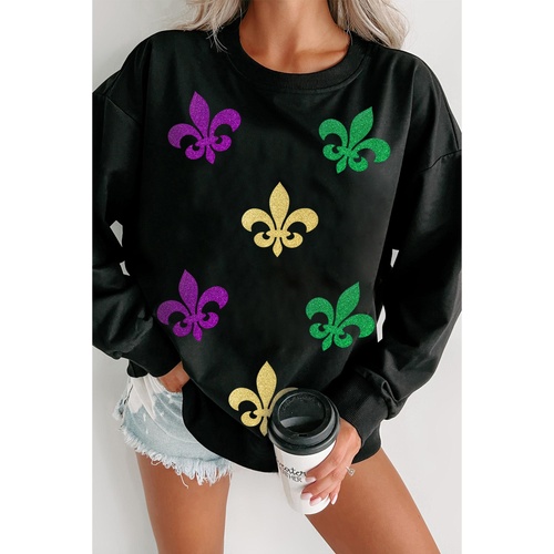 Black Mardi Gras Fleur de Lis Graphic Round Neck Pullover Sweatshirt - S - Main Image
