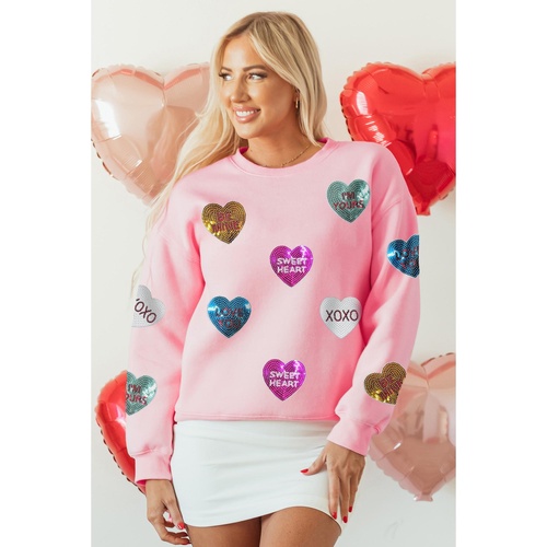 Pink Sequin Romantic Letters Heart Graphic Valentines Sweatshirt - M - Main Image