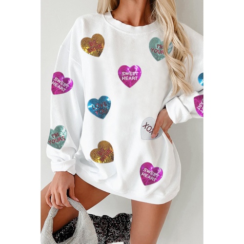 White Valentines Slogan Heart Sequin Corded Baggy Sweatshirt - M - Main Image