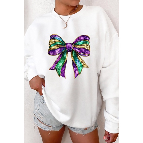 White Mardi Gras Bow Graphic Drop Shoulder Sweatshirt - L - Main Image