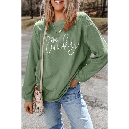 Grass Green Rhinestone lucky Clover Graphic Ribbed St Patrick Sweatshirt - S - Main Image