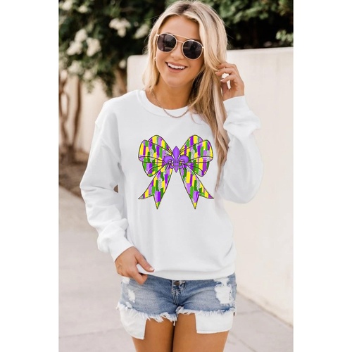 White Mardi Gras Bowknot Graphic Pullover Sweatshirt - S - Main Image
