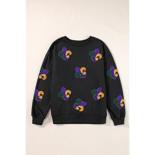Black Mardi Gras Pattern Crew Neck Pullover Sweatshirt - XL - Main Image