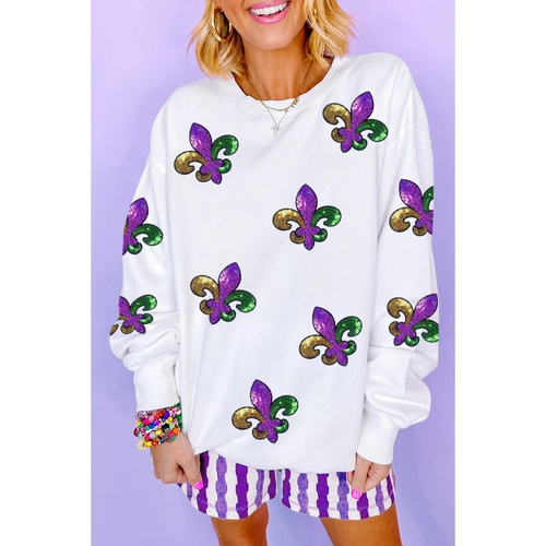 White Fleur De Lis Sequin Patched Graphic Drop Shoulder Sweatshirt - XL - Main Image