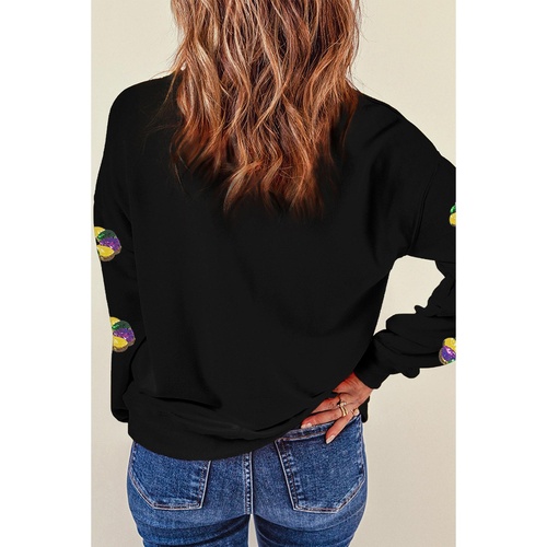 Black Sequined Donuts of Mardi Gras Colors Drop Shoulder Sweatshirt - S - Main Image