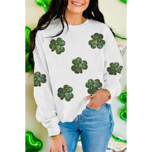 White Sequin Clover Patched Pattern St Patrick Pullover Sweatshirt - L - Main Image