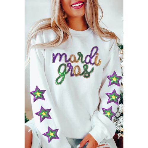 White Sequin mardi gras Graphic Star Sleeve Pullover Sweatshirt - M - Main Image
