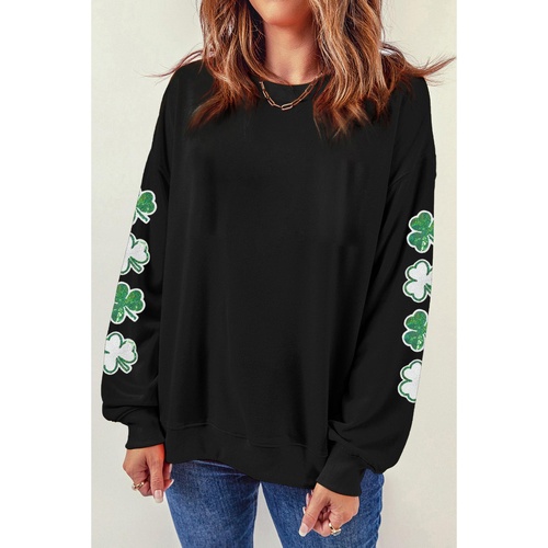 Black Sequin Clover Patched Drop Shoulder Sweatshirt - L - Main Image