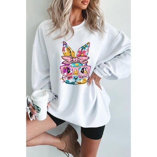 White Floral Rabbit with Glasses Graphic Corded Easter Sweatshirt - L - Main Image