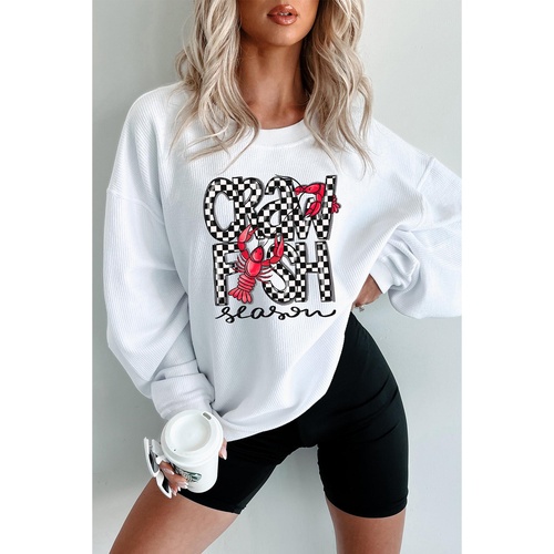 White Crawfish Season Checkered Letter Graphic Corded Sweatshirt - S - Main Image