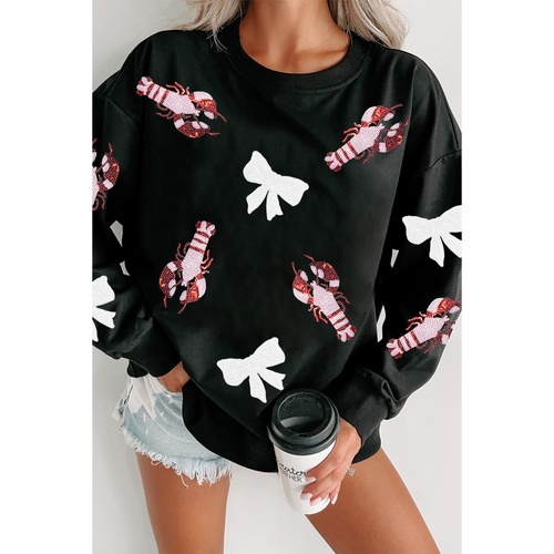 Black Crawfish Bow Sequin Patched Graphic Sweatshirt - S - Main Image
