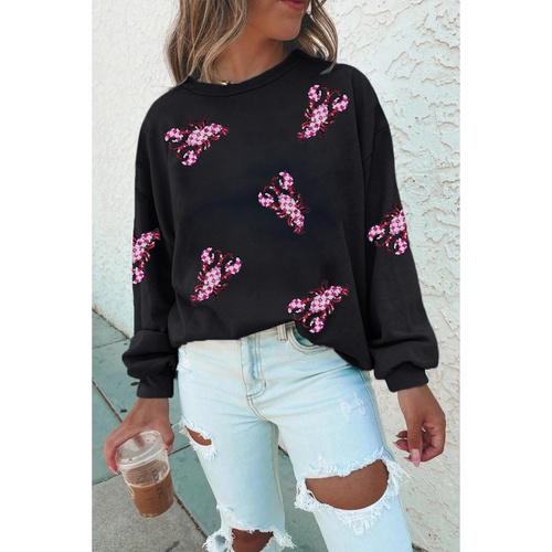 Black Sequined Crawfish Graphic Drop Shoulder Sweatshirt - XL - Main Image