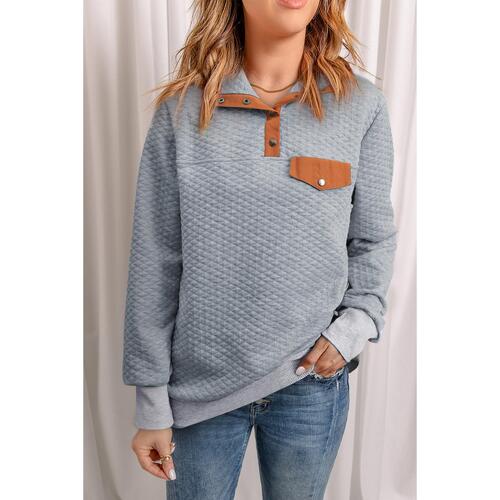 Azura Exchange Quilted Stand Neck Pullover Sweatshirt with Fake Front Pocket - S - Main Image