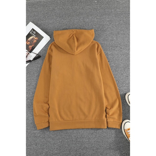Brown Zip-Up Pocket Drawstring Hoodie Jacket - L - Main Image