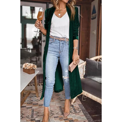 Green Velvet Open Front Pocketed Long Duster - XL - Main Image