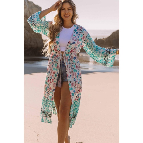 Multicolor Long Sleeve Tassel Tie Floral Kimono - M - Main Image