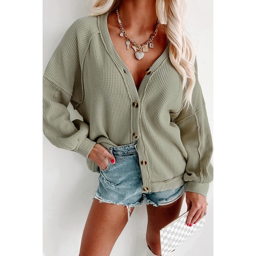 Azura Exchange Green Exposed Seam Buttons Front Waffle Knit Cardigan - M - Main Image