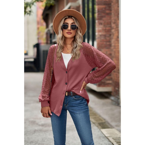 Azura Exchange Waffled Knit Lace Long Sleeve Buttoned Cardigan - L - Main Image