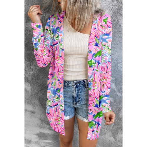 Pink Flower Print Long Sleeve Button Up Cardigan - S - Main Image