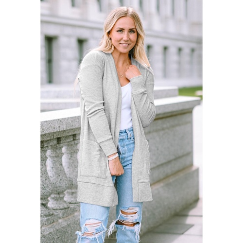 Beige Thermal Waffle Knit Pocketed Cardigan - M - Main Image