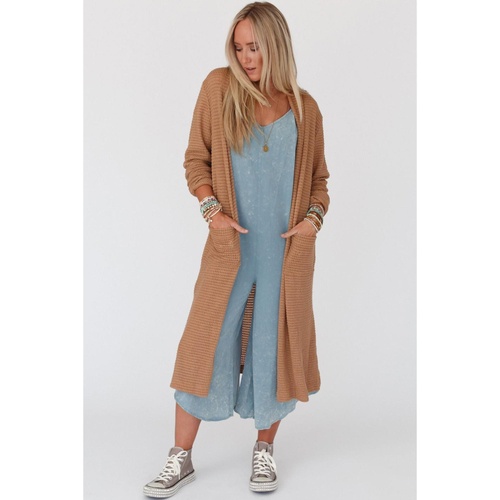 Chestnut Long Waffle Knit Cardigan with Pockets - L - Main Image