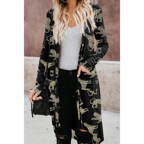 Black Printed Animal Print Ribbed Knit Cardigan - L - Main Image