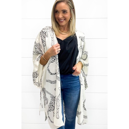 White Cheetah Print Loose Fit Open Front Kimono - L - Main Image