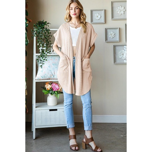 Parchment Ribbed Pocketed Short Sleeve Open Front Top - L - Main Image
