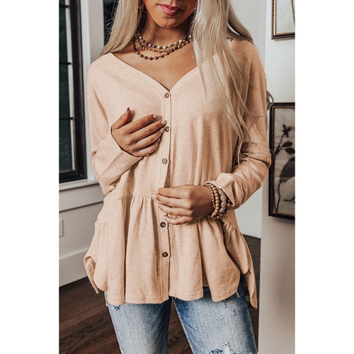 Jet Stream Ruffled V Neck Buttoned V Neck Shirt - L - Main Image