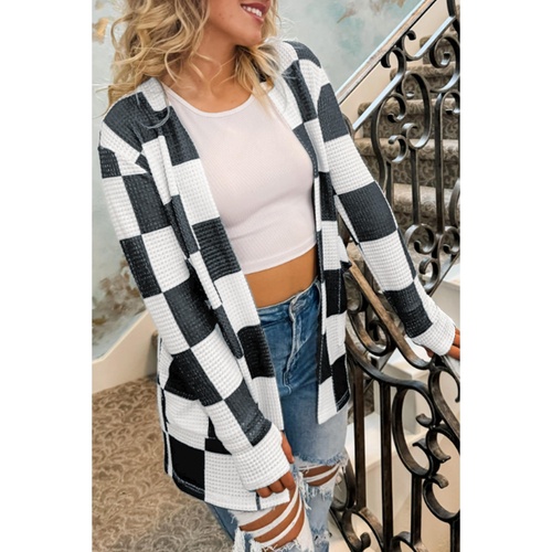 Black Checkered Waffle Knit Thumbhole Open Front Cardigan - S - Main Image
