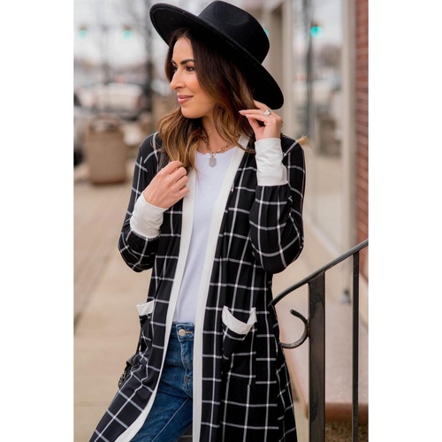 Black Plaid Colorblock Edge Open Cardigan with Pocket - L - Main Image