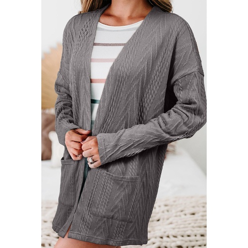 Medium Grey  Solid Textured Open Front Cardigan with Pocket - L - Main Image