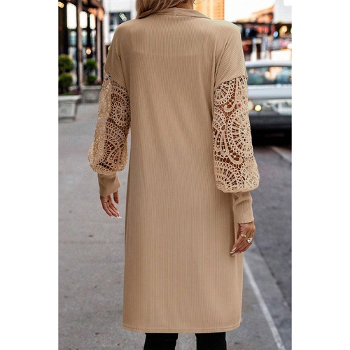 Parchment Lace Patchwork Ribbed Knit Open Front Duster Cardigan - L - Main Image