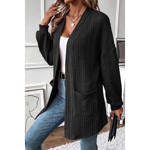 Black Textured Knit Side Pockets Open Front Cardigan - S - Main Image