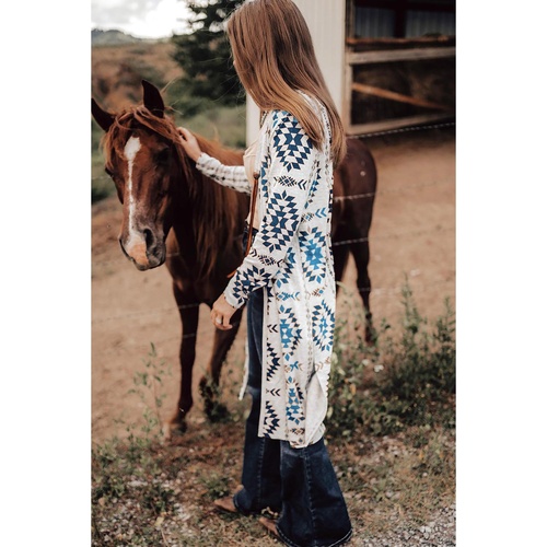 Sky Blue Western Aztec Printed Open Front Long Cardigan - L - Main Image
