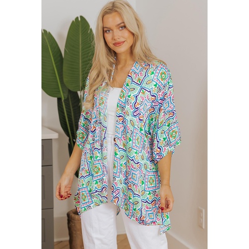 White Boho Floral Printed Rhinestone 3/4 Sleeve Open Front Kimono - XL - Main Image