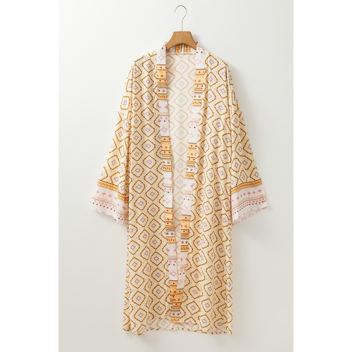 Yellow Bohemian Geometric Printed Loose Sleeve Long Kimono - L - Main Image