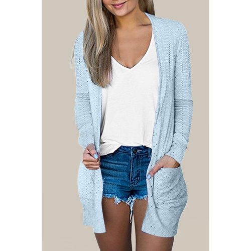 Mist Blue Eyelet Texture Pocketed Open Front Cardigan - M - Main Image