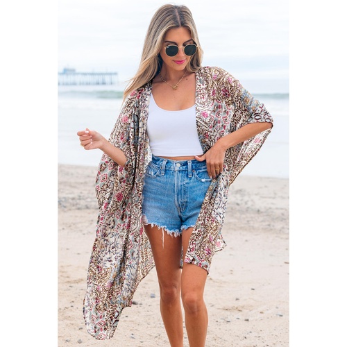 Apricot Floral Print Short Wide Sleeve Open Front Loose Kimono - One Size - Main Image