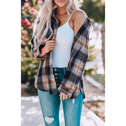 Black Oversize Rounded Hem Plaid Shacket with Slits - L - Main Image