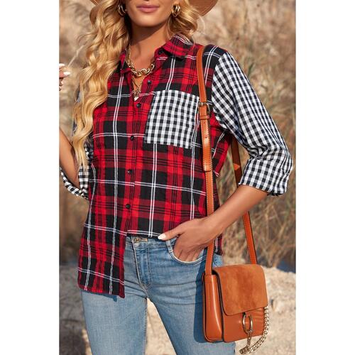 Azura Exchange Plaid Splicing Hit Color Pockets Long Sleeve Shirt - S - Main Image