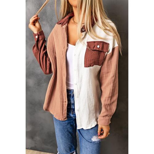 Azura Exchange Textured Color Block Long Sleeve Shirt with Pocket - L - Main Image