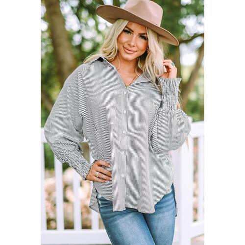 Azura Exchange Striped Boyfriend Shirt with Smocked Cuffs and Pocket - L - Main Image