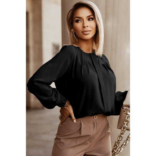 Black Crew Neck Gathered Stretch Cuff Shirt - XS - Main Image
