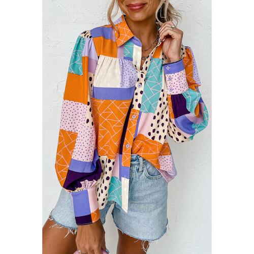 Azura Exchange Button Front Cuffed Sleeve Shirt with Mixed Print - L - Main Image