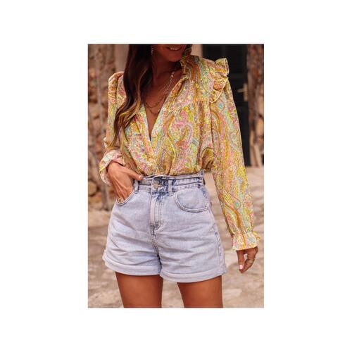 Azura Exchange Paisley Print Ruffled Trim Boho Shirt - XL - Main Image