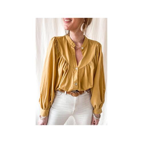 Azura Exchange Pleated Yellow Puff Sleeve Loose Shirt - L - Main Image