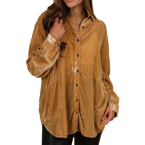 Gold Solid Color Button Up Loose Fit Velvet Shirt - M - Main Image