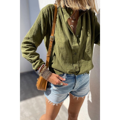 Jungle Green Crinkle Textured Button Up Long Sleeve Shirt - M - Main Image
